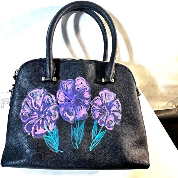 Kate Spade Bag Petunias Floral Handpainted Black Purple Flowers Clutch Upcycled - Picture 5 of 6
